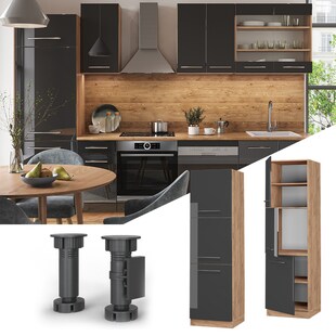 Vicco Herdumbauschrank Küchenschrank Küchenmöbel Fame-Line Eiche Anthrazit 60 cm modern Hochglanz Küche Einbauküche Blende Herdschrank Hochschrank Küchenzeile Drehtür Einlegeboden 