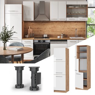 Vicco Herdumbauschrank Küchenschrank Küchenmöbel Fame-Line Eiche Weiß 60 cm modern Hochglanz Küche Einbauküche Blende Herdschrank Hochschrank Küchenzeile Drehtür Einlegeboden 