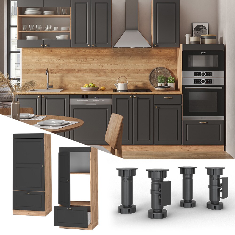 Vicco Mikrowellenumbauschrank K&uuml;chenschrank K&uuml;chenm&ouml;bel Fame-Line Landhaus Eiche Anthrazit 60 cm Gold K&uuml;che Einbauk&uuml;che Blende Hochschrank Schublade Mikrowelle Backofen K&uuml;chenzeile 