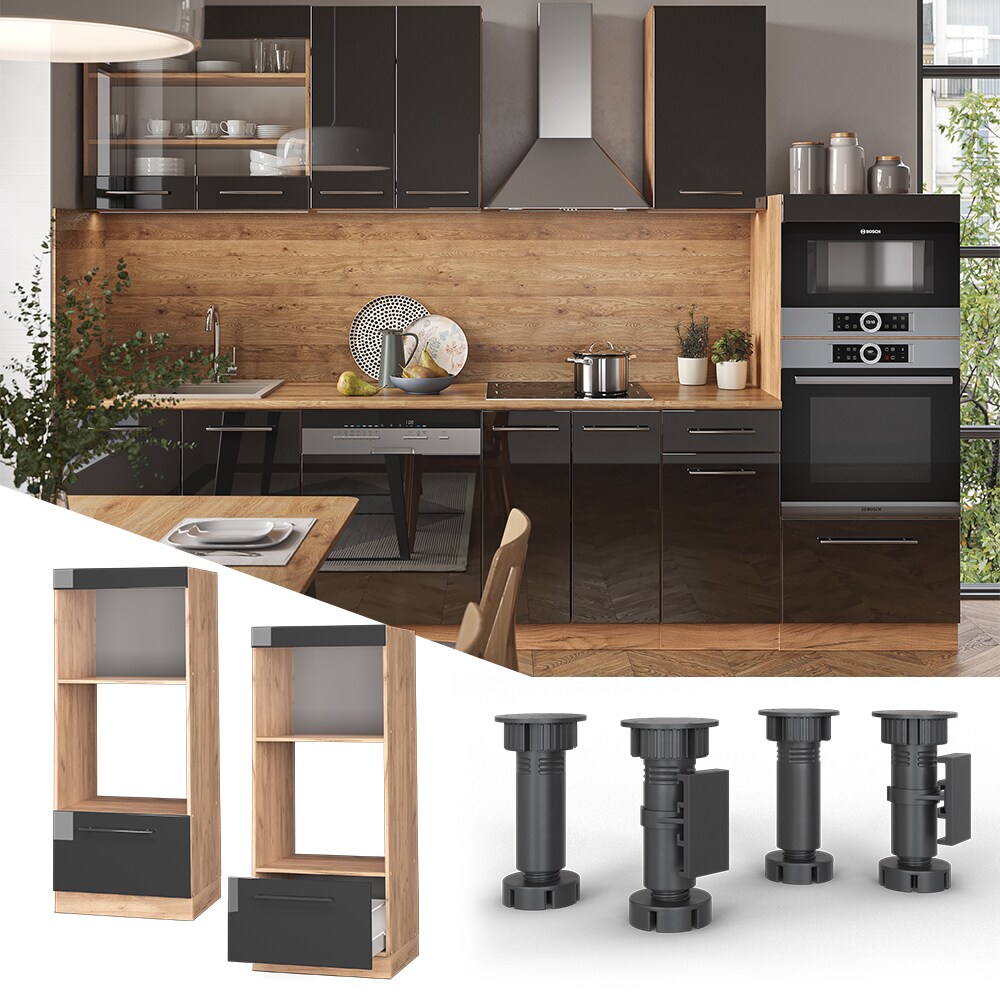 Vicco Mikrowellenumbauschrank K&uuml;chenschrank K&uuml;chenm&ouml;bel Fame-Line Eiche Anthrazit 60 cm modern Hochglanz K&uuml;che Einbauk&uuml;che Blende Hochschrank Schublade Mikrowelle Backofen K&uuml;chenzeile 