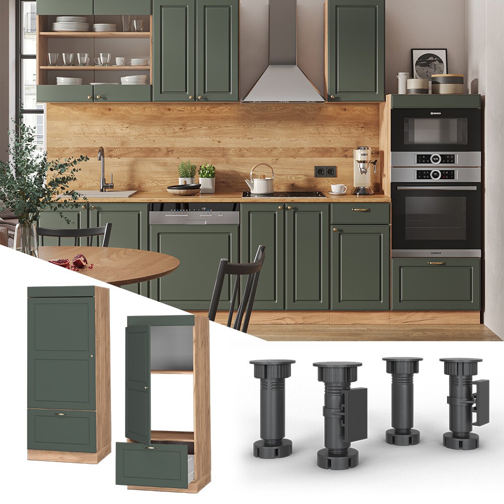 Vicco Mikrowellenumbauschrank K&uuml;chenschrank K&uuml;chenm&ouml;bel Fame-Line Landhaus Eiche Gr&uuml;n 60 cm Gold K&uuml;che Einbauk&uuml;che Blende Hochschrank Schublade Mikrowelle Backofen K&uuml;chenzeile 