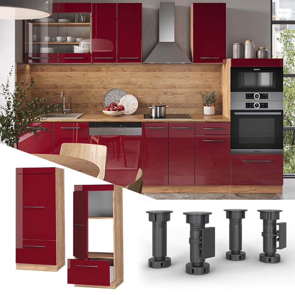 Vicco Mikrowellenumbauschrank K&uuml;chenschrank K&uuml;chenm&ouml;bel Fame-Line Eiche Bordeaux Rot 60 cm modern Hochglanz K&uuml;che Einbauk&uuml;che Blende Hochschrank Schublade Mikrowelle Backofen K&uuml;chenzeile 