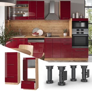 Vicco Mikrowellenumbauschrank Küchenschrank Küchenmöbel Fame-Line Eiche Bordeaux Rot 60 cm modern Hochglanz Küche Einbauküche Blende Hochschrank Schublade Mikrowelle Backofen Küchenzeile 