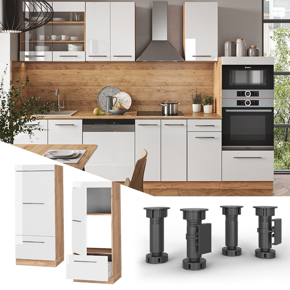 Vicco Mikrowellenumbauschrank K&uuml;chenschrank K&uuml;chenm&ouml;bel Fame-Line Eiche Wei&szlig; 60 cm modern Hochglanz K&uuml;che Einbauk&uuml;che Blende Hochschrank Schublade Mikrowelle Backofen K&uuml;chenzeile 