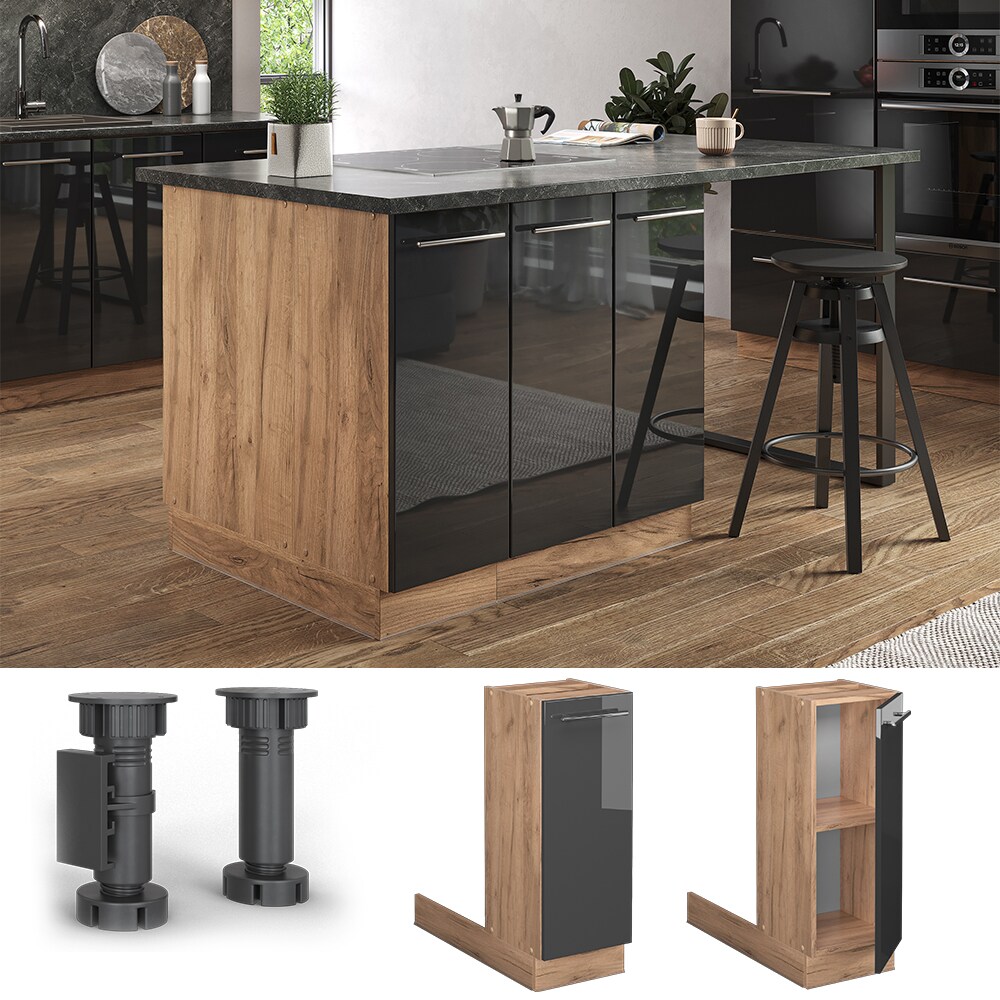 Vicco Regalinselunterschrank K&uuml;chenschrank K&uuml;chenm&ouml;bel Fame-Line Eiche Anthrazit 30 cm modern Hochglanz K&uuml;che Einbauk&uuml;che K&uuml;cheninsel Dreht&uuml;r Einlegeboden Blende K&uuml;chenunterschrank K&uuml;chenzeile 