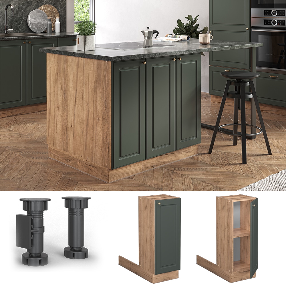 Vicco Regalinselunterschrank K&uuml;chenschrank K&uuml;chenm&ouml;bel Fame-Line Landhaus Eiche Gr&uuml;n 30 cm Gold K&uuml;che Einbauk&uuml;che K&uuml;cheninsel Dreht&uuml;r Einlegeboden Blende K&uuml;chenunterschrank K&uuml;chenzeile 