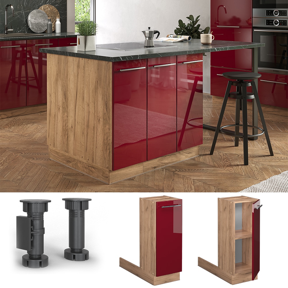 Vicco Regalinselunterschrank K&uuml;chenschrank K&uuml;chenm&ouml;bel Fame-Line Eiche Bordeaux Rot 30 cm modern Hochglanz K&uuml;che Einbauk&uuml;che K&uuml;cheninsel Dreht&uuml;r Einlegeboden Blende K&uuml;chenunterschrank K&uuml;chenzeile 