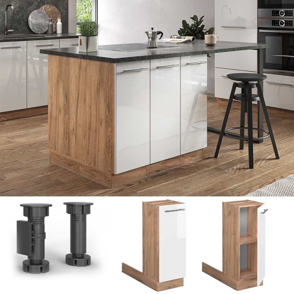 Vicco Regalinselunterschrank K&uuml;chenschrank K&uuml;chenm&ouml;bel Fame-Line Eiche Wei&szlig; 30 cm modern Hochglanz K&uuml;che Einbauk&uuml;che K&uuml;cheninsel Dreht&uuml;r Einlegeboden Blende K&uuml;chenunterschrank K&uuml;chenzeile 