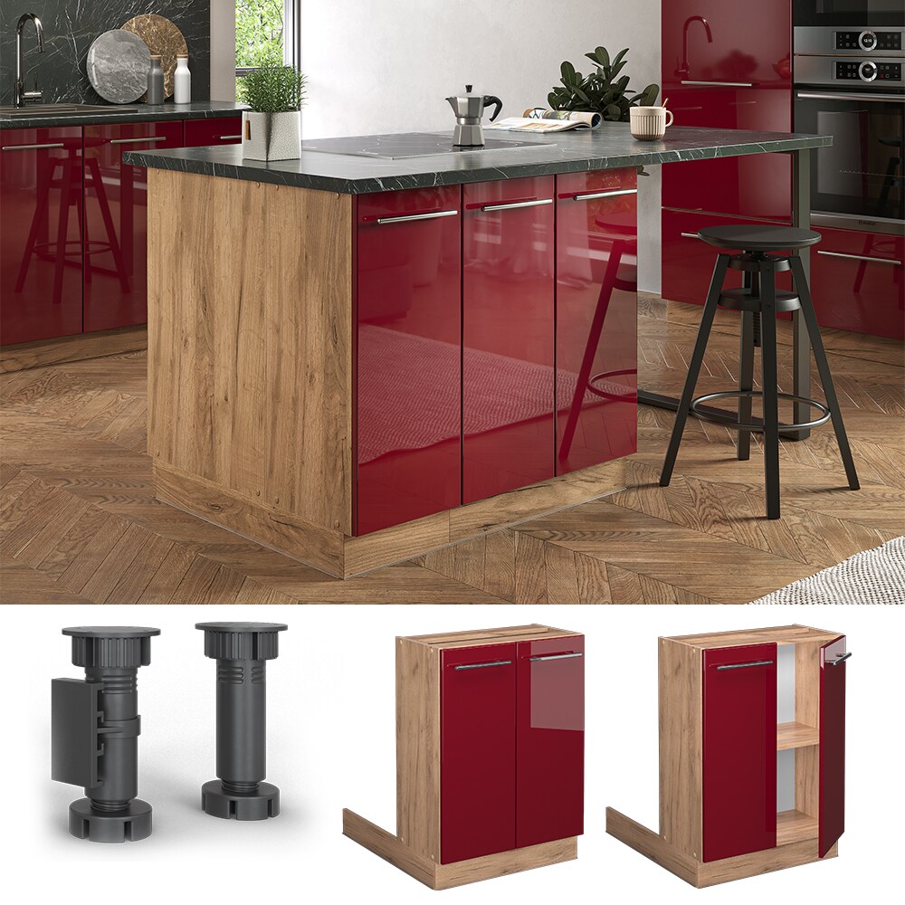 Vicco Regalinselunterschrank K&uuml;chenschrank K&uuml;chenm&ouml;bel Fame-Line Eiche Bordeaux Rot 60 cm modern Hochglanz K&uuml;che Einbauk&uuml;che K&uuml;cheninsel Dreht&uuml;r Einlegeboden Blende K&uuml;chenunterschrank K&uuml;chenzeile 
