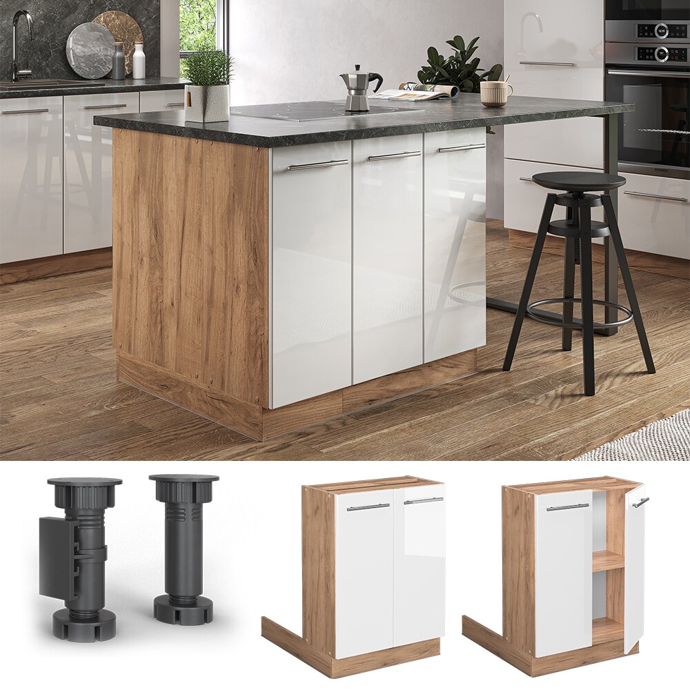 Vicco Regalinselunterschrank K&uuml;chenschrank K&uuml;chenm&ouml;bel Fame-Line Eiche Wei&szlig; 60 cm modern Hochglanz K&uuml;che Einbauk&uuml;che K&uuml;cheninsel Dreht&uuml;r Einlegeboden Blende K&uuml;chenunterschrank K&uuml;chenzeile 