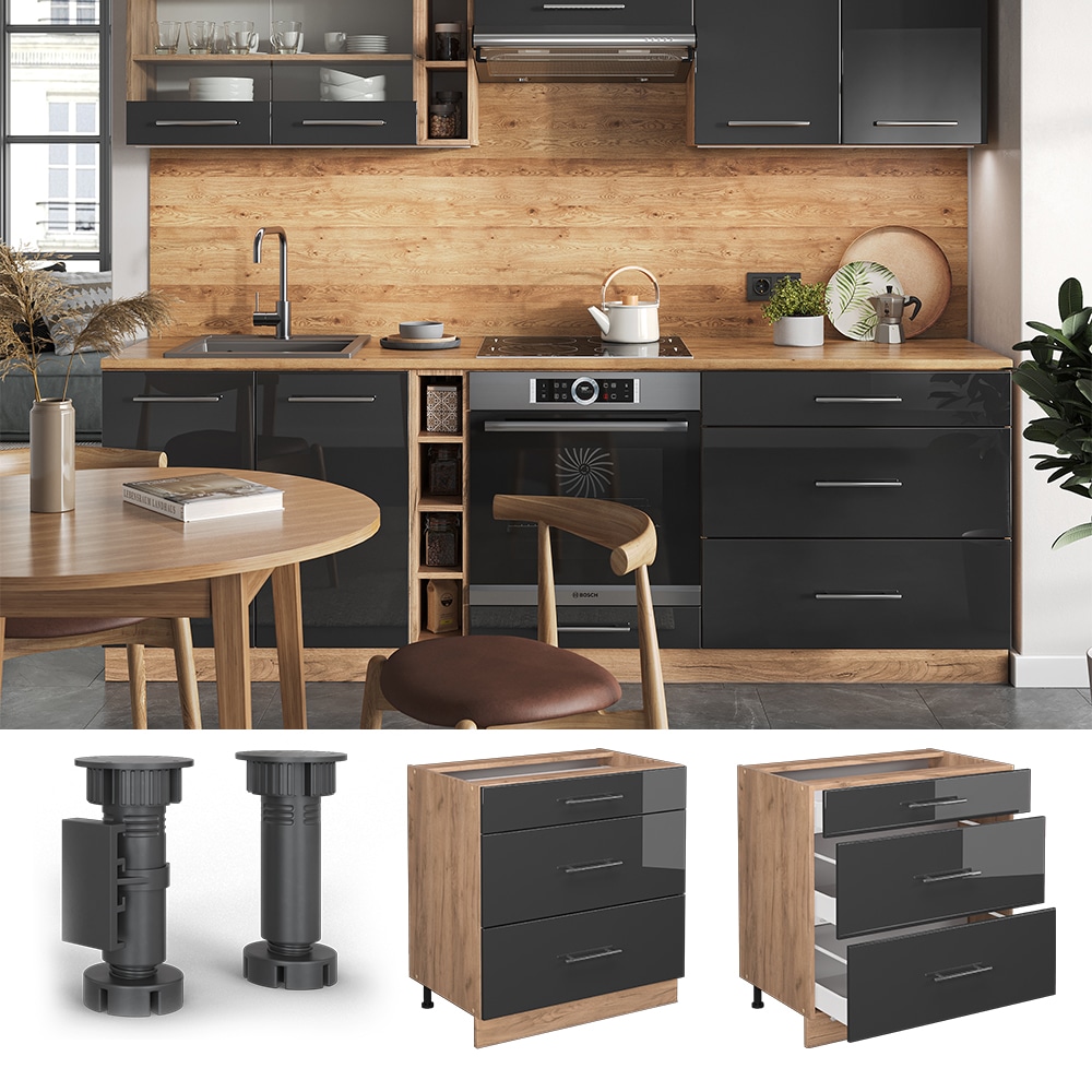 Vicco Schubladenunterschrank K&uuml;chenschrank K&uuml;chenm&ouml;bel Fame-Line Eiche Anthrazit 80 cm modern Hochglanz K&uuml;che Einbauk&uuml;che Dreht&uuml;r Blende Schublade K&uuml;chenunterschrank K&uuml;chenzeile 