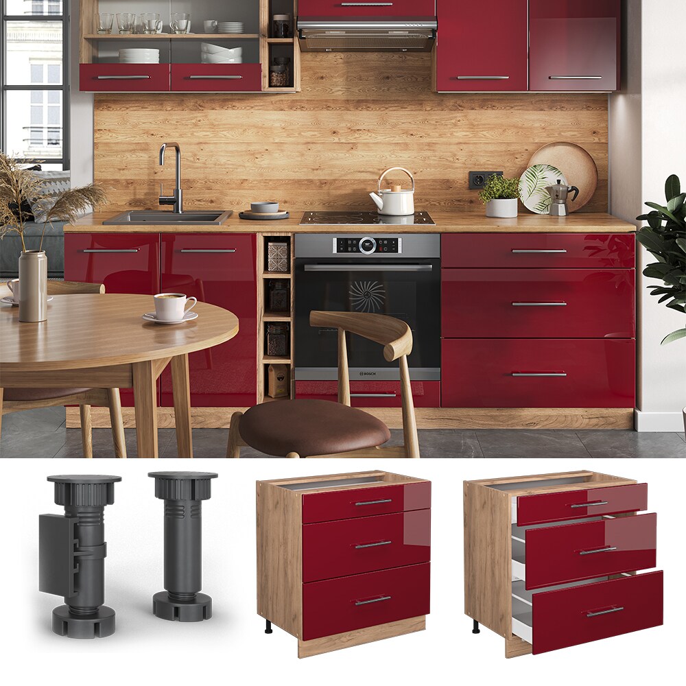Vicco Schubladenunterschrank K&uuml;chenschrank K&uuml;chenm&ouml;bel Fame-Line Eiche Bordeaux Rot 80 cm modern Hochglanz K&uuml;che Einbauk&uuml;che Dreht&uuml;r Blende Schublade K&uuml;chenunterschrank K&uuml;chenzeile 