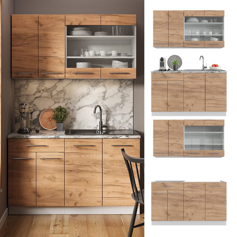 Vicco K&uuml;chenzeile K&uuml;chenblock Einbauk&uuml;che Fame-Line Single Wei&szlig; Eiche 140 cm modern K&uuml;chen Schr&auml;nke Sp&uuml;lenunterschrank Schubunterschrank H&auml;ngeschrank H&auml;ngeglasschrank 