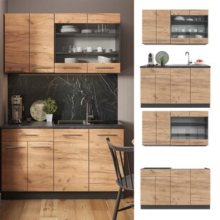 Vicco Küchenzeile Küchenblock Einbauküche Fame-Line Single Anthrazit Eiche 140 cm modern Küchen Schränke Spülenunterschrank Schubunterschrank Hängeschrank Hängeglasschrank 