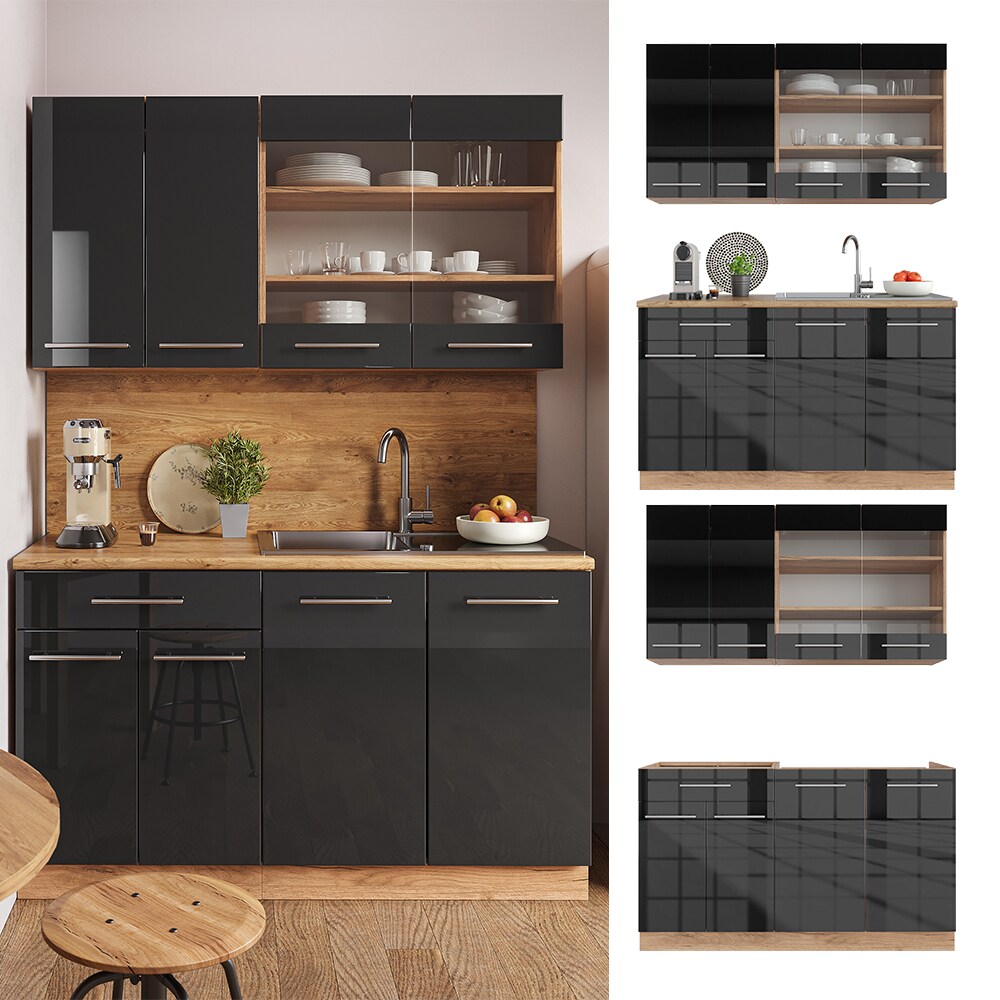 Vicco K&uuml;chenzeile K&uuml;chenblock Einbauk&uuml;che Fame-Line Single Eiche Anthrazit 140 cm modern K&uuml;chen Schr&auml;nke Sp&uuml;lenunterschrank Schubunterschrank H&auml;ngeschrank H&auml;ngeglasschrank Hochglanz 