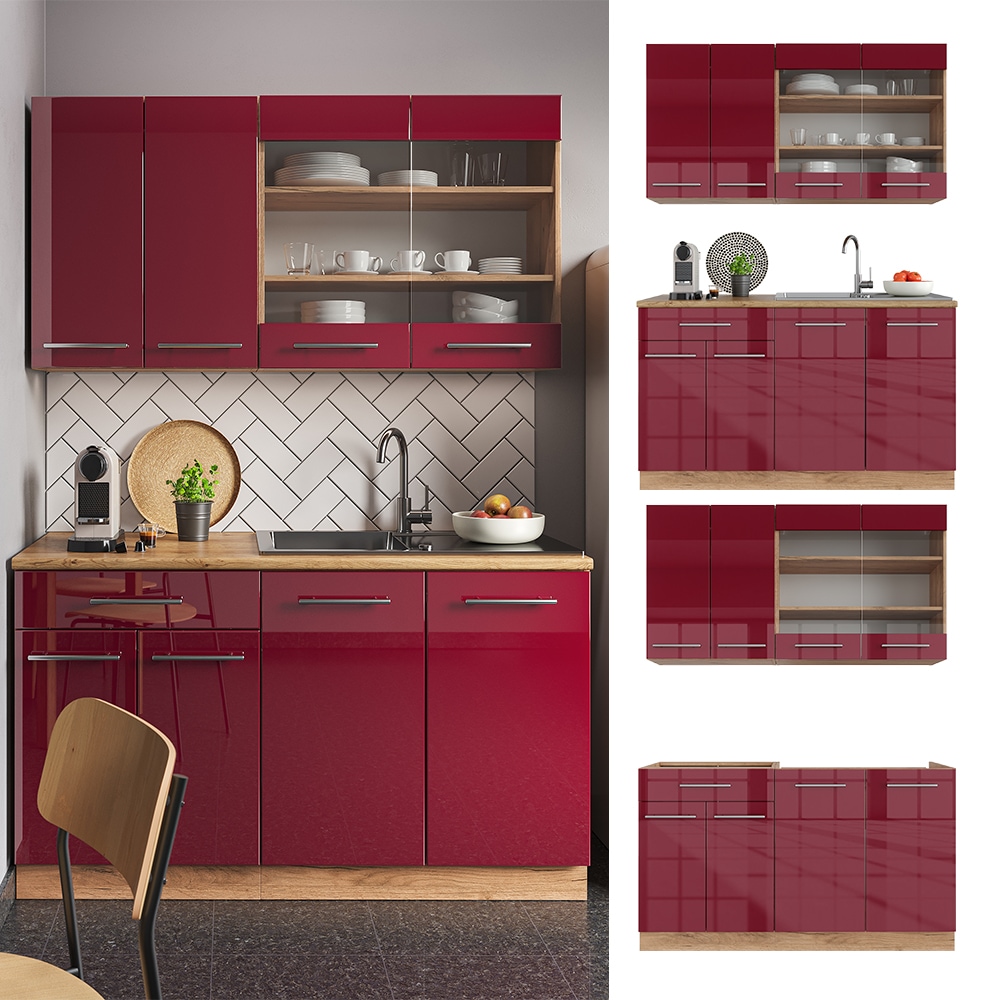 Vicco K&uuml;chenzeile K&uuml;chenblock Einbauk&uuml;che Fame-Line Single Eiche Rot Bordeaux 140 cm modern K&uuml;chen Schr&auml;nke Sp&uuml;lenunterschrank Schubunterschrank H&auml;ngeschrank H&auml;ngeglasschrank Hochglanz 