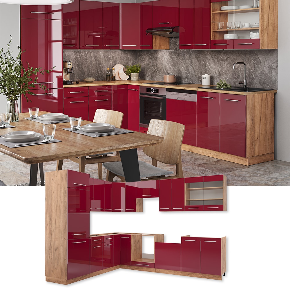 Vicco Eckk&uuml;che K&uuml;chenzeile Einbauk&uuml;che Fame-Line Eiche Bordeaux Rot 227x287 cm modern Sp&uuml;lenunterschrank Schubunterschrank Eckunterschrank Herdumbauschrank H&auml;ngeschrank K&uuml;hlumbauschrank H&auml;ngeglasschrank 