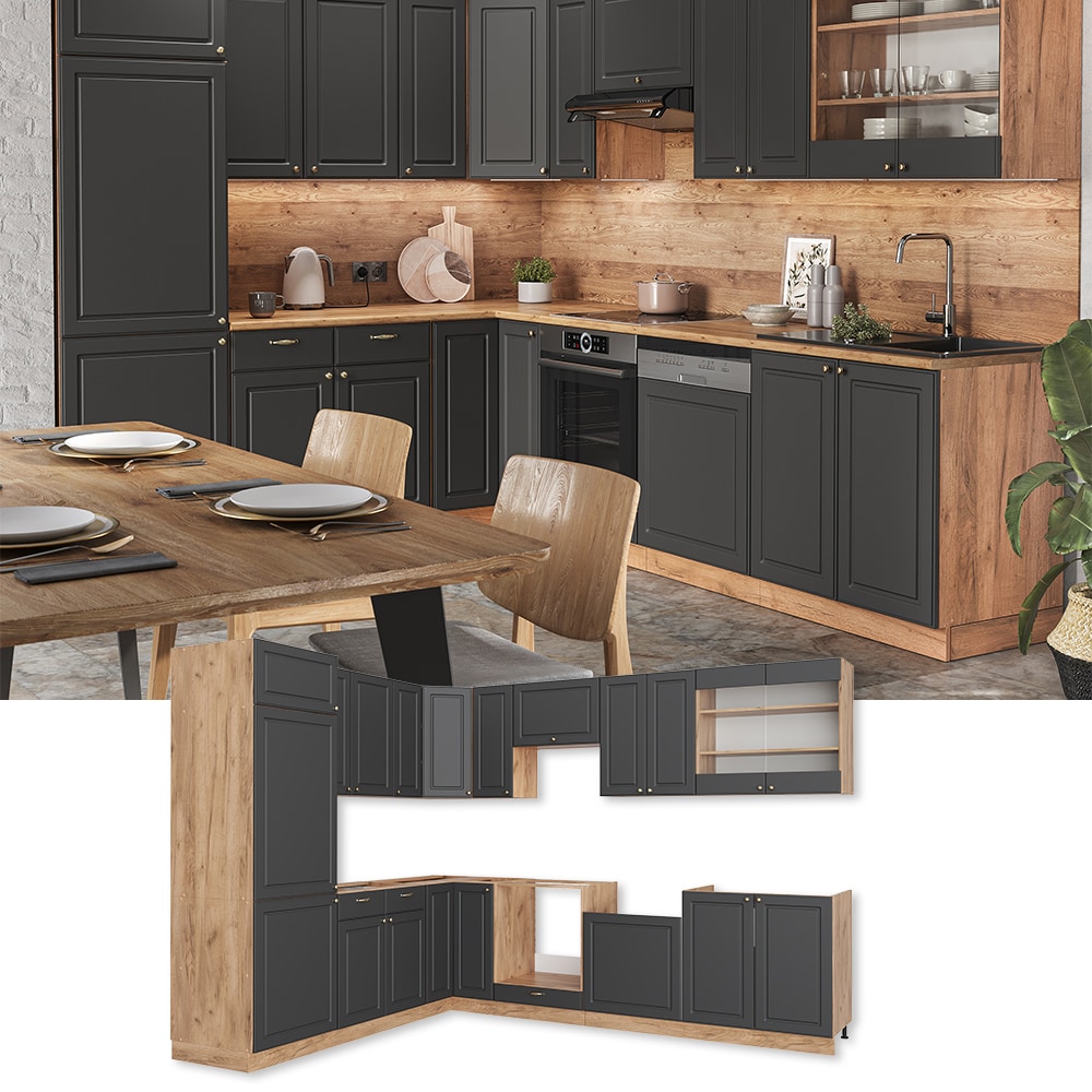 Vicco - Cuisine en angle Fame-Line, Anthracite Campagne/Chêne doré, 227 x 60 cm sans plan de travail