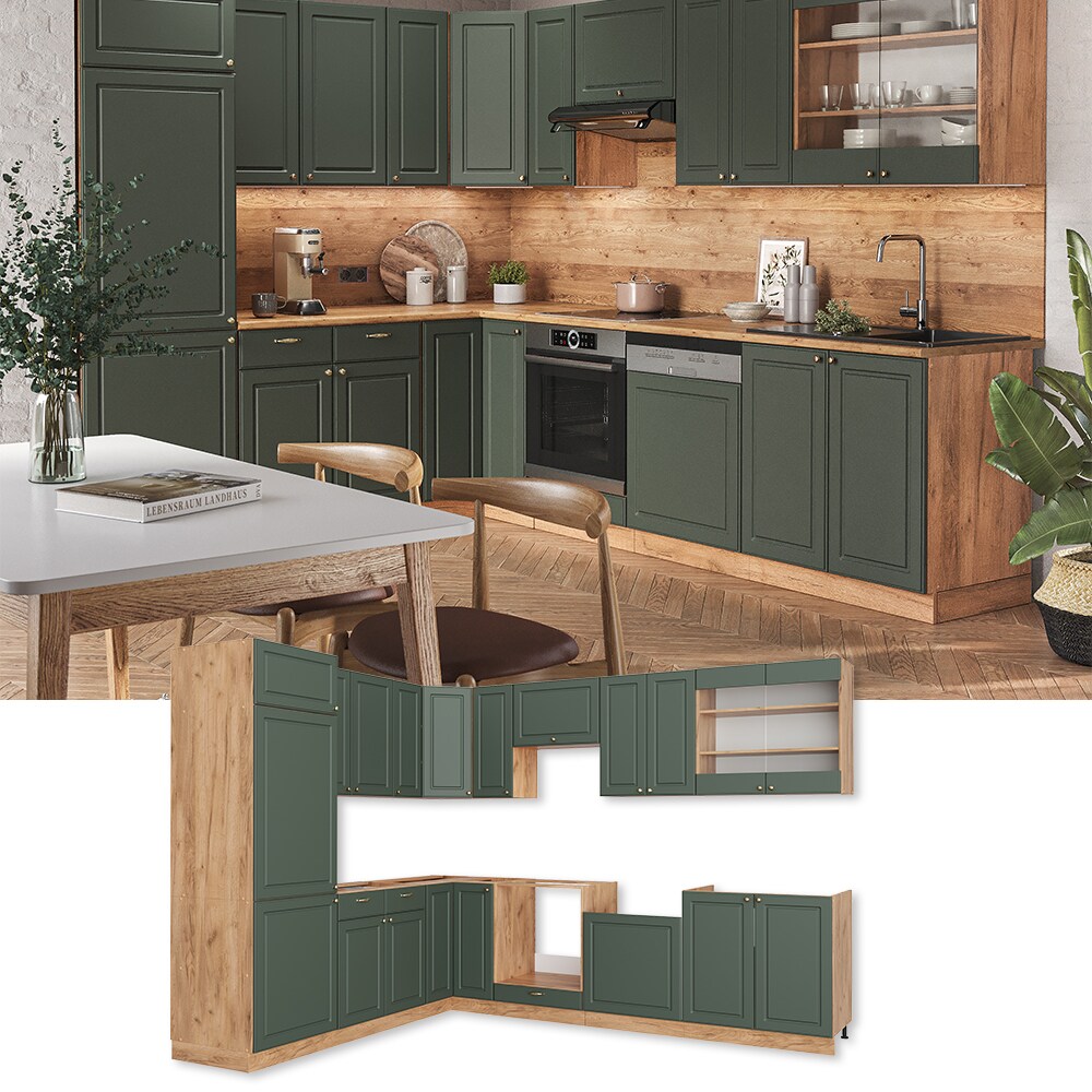 Vicco Eckk&uuml;che K&uuml;chenzeile Einbauk&uuml;che Fame-Line Landhaus Eiche Gr&uuml;n Gold  227x287 cm Sp&uuml;lenunterschrank Schubunterschrank Eckunterschrank Herdumbauschrank H&auml;ngeschrank K&uuml;hlumbauschrank 