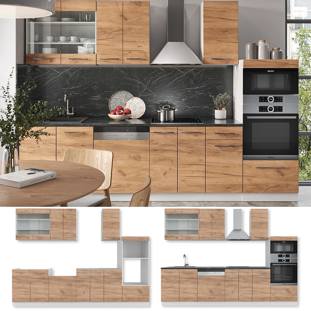 Vicco K&uuml;chenzeile K&uuml;chenblock Einbauk&uuml;che Fame-Line Wei&szlig; Eiche 300 cm modern K&uuml;chen Schr&auml;nke Schubunterschrank Unterschrank Sp&uuml;lenunterschrank H&auml;ngeschrank Mikrowellenschrank Geschirrsp&uuml;lerblende 