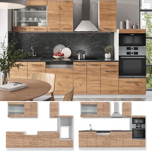 Vicco Küchenzeile Küchenblock Einbauküche Fame-Line Weiß Eiche 300 cm modern Küchen Schränke Schubunterschrank Unterschrank Spülenunterschrank Hängeschrank Mikrowellenschrank Geschirrspülerblende 