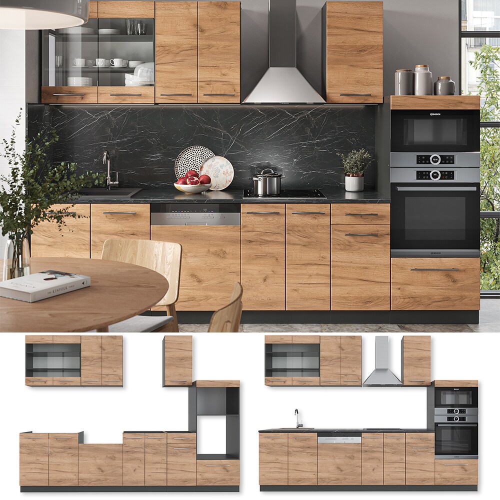 Vicco K&uuml;chenzeile K&uuml;chenblock Einbauk&uuml;che Fame-Line Anthrazit Eiche 300 cm modern K&uuml;chen Schr&auml;nke Schubunterschrank Unterschrank Sp&uuml;lenunterschrank H&auml;ngeschrank Mikrowellenschrank Geschirrsp&uuml;lerblende 