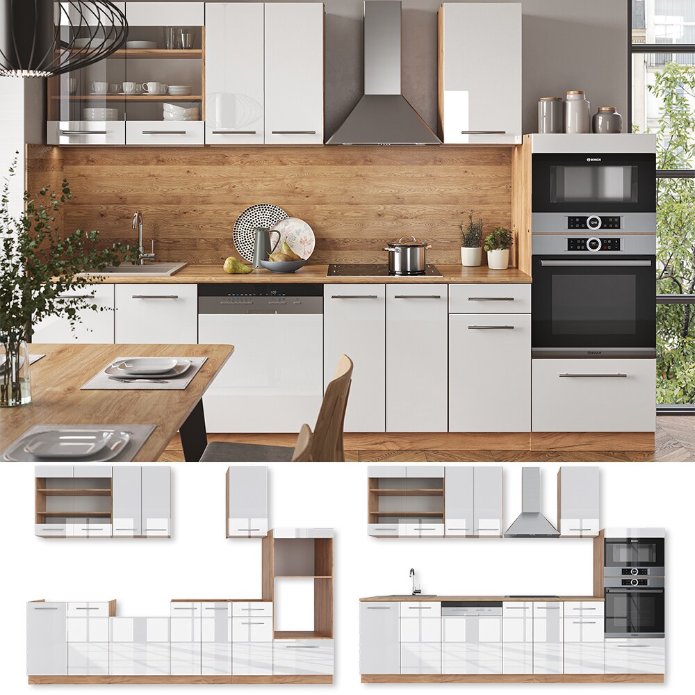 Vicco K&uuml;chenzeile K&uuml;chenblock Einbauk&uuml;che Fame-Line Eiche Wei&szlig; 300 cm modern K&uuml;chen Schr&auml;nke Schubunterschrank Unterschrank Sp&uuml;lenunterschrank H&auml;ngeschrank Mikrowellenschrank Geschirrsp&uuml;lerblende 