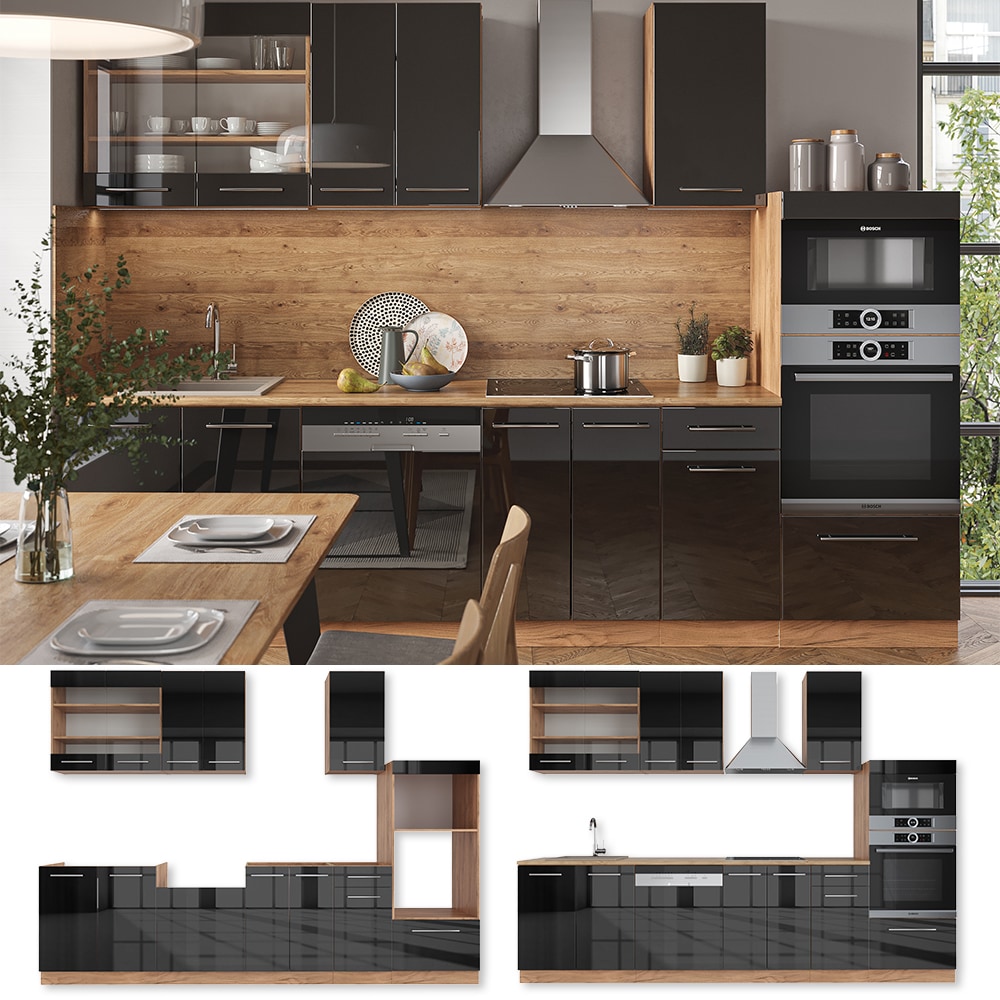 Vicco K&uuml;chenzeile K&uuml;chenblock Einbauk&uuml;che Fame-Line Eiche Anthrazit 300 cm modern K&uuml;chen Schr&auml;nke Schubunterschrank Unterschrank Sp&uuml;lenunterschrank H&auml;ngeschrank Mikrowellenschrank Geschirrsp&uuml;lerblende 