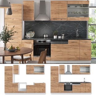 Vicco Küchenzeile Küchenblock Einbauküche Fame-Line Weiß Eiche 300 cm modern Küchen Schränke Schubunterschrank Herdumbauschrank Spülenunterschrank Hängeschrank Kühlumbauschrank Geschirrspülerblende 