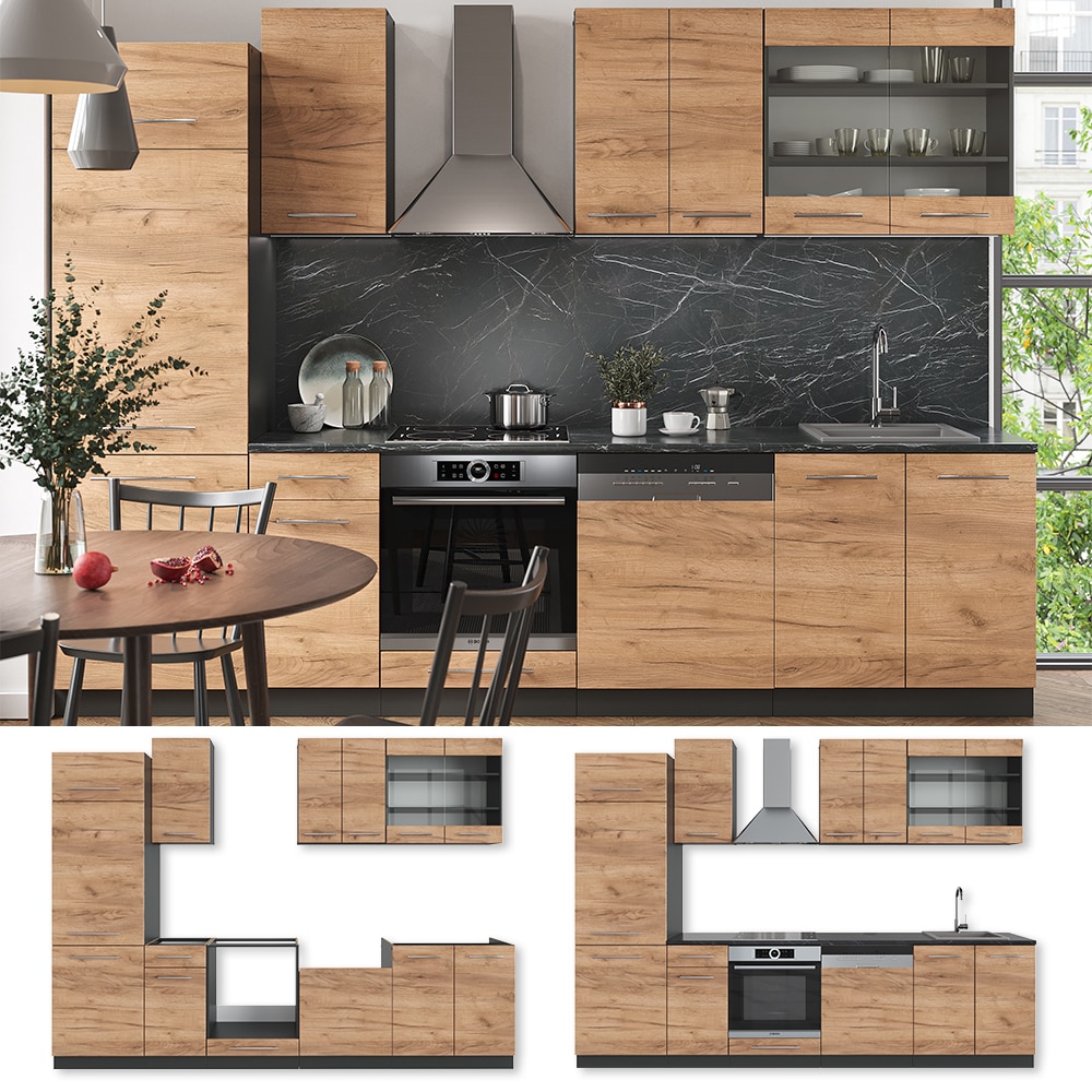 Vicco K&uuml;chenzeile K&uuml;chenblock Einbauk&uuml;che Fame-Line Anthrazit Eiche 300cm modern K&uuml;chenschr&auml;nke Schubunterschrank Herdumbauschrank Sp&uuml;lenunterschrank H&auml;ngeschrank K&uuml;hlumbauschrank Geschirrsp&uuml;lerblende 