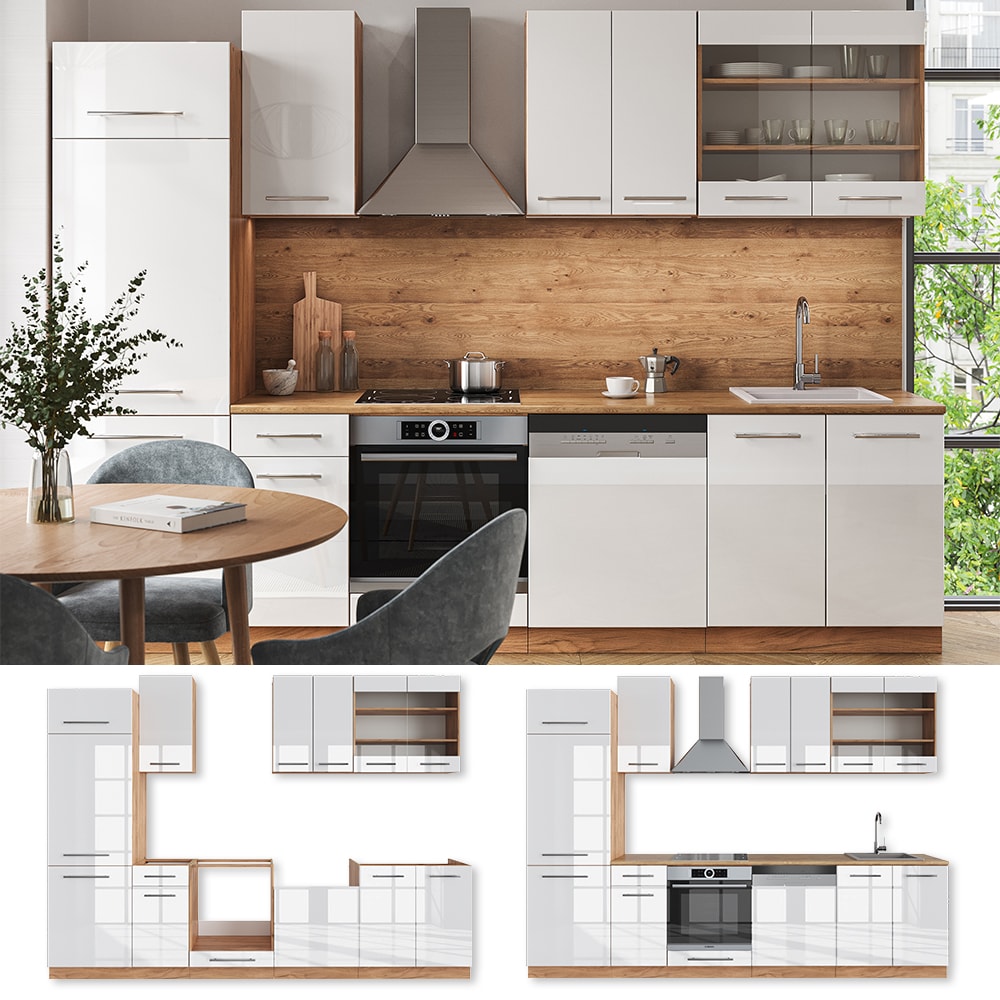 Vicco K&uuml;chenzeile K&uuml;chenblock Einbauk&uuml;che Fame-Line Eiche Wei&szlig; 300 cm modern Schubunterschrank Herdumbauschrank Sp&uuml;lenunterschrank H&auml;ngeschrank K&uuml;hlumbauschrank Geschirrsp&uuml;lerblende Hochglanz 