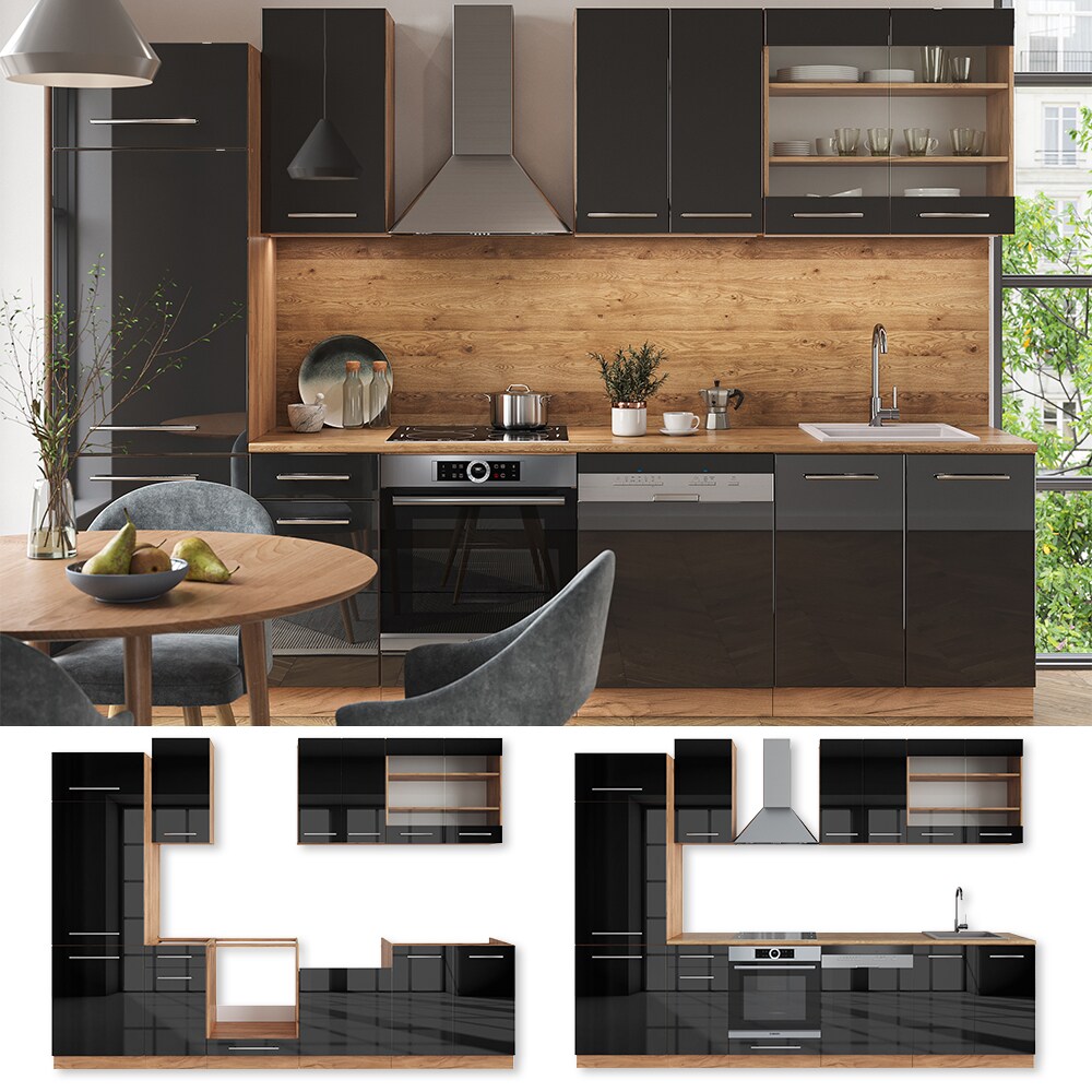 Vicco K&uuml;chenzeile K&uuml;chenblock Einbauk&uuml;che Fame-Line Eiche Anthrazit 300 cm modern Schubunterschrank Herdumbauschrank Sp&uuml;lenunterschrank H&auml;ngeschrank K&uuml;hlumbauschrank Geschirrsp&uuml;lerblende Hochglanz 