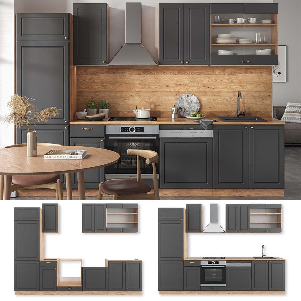 Vicco K&uuml;chenzeile K&uuml;chenblock Einbauk&uuml;che Fame-Line Landhaus Eiche Anthrazit Gold 300 cm Schubunterschrank Herdumbauschrank Sp&uuml;lenunterschrank H&auml;ngeschrank K&uuml;hlumbauschrank Geschirrsp&uuml;lerblende 