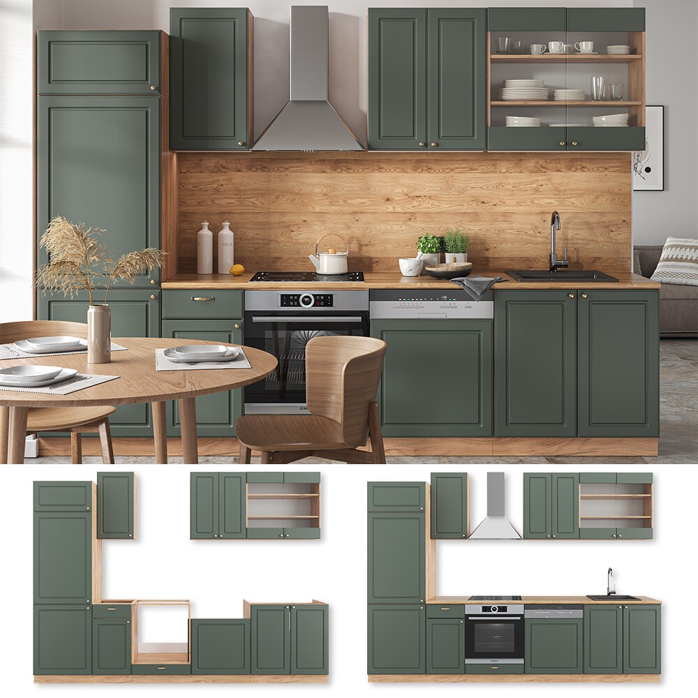 Vicco K&uuml;chenzeile K&uuml;chenblock Einbauk&uuml;che Fame-Line Landhaus Eiche Gr&uuml;n Gold 300 cm Schubunterschrank Herdumbauschrank Sp&uuml;lenunterschrank H&auml;ngeschrank K&uuml;hlumbauschrank Geschirrsp&uuml;lerblende 