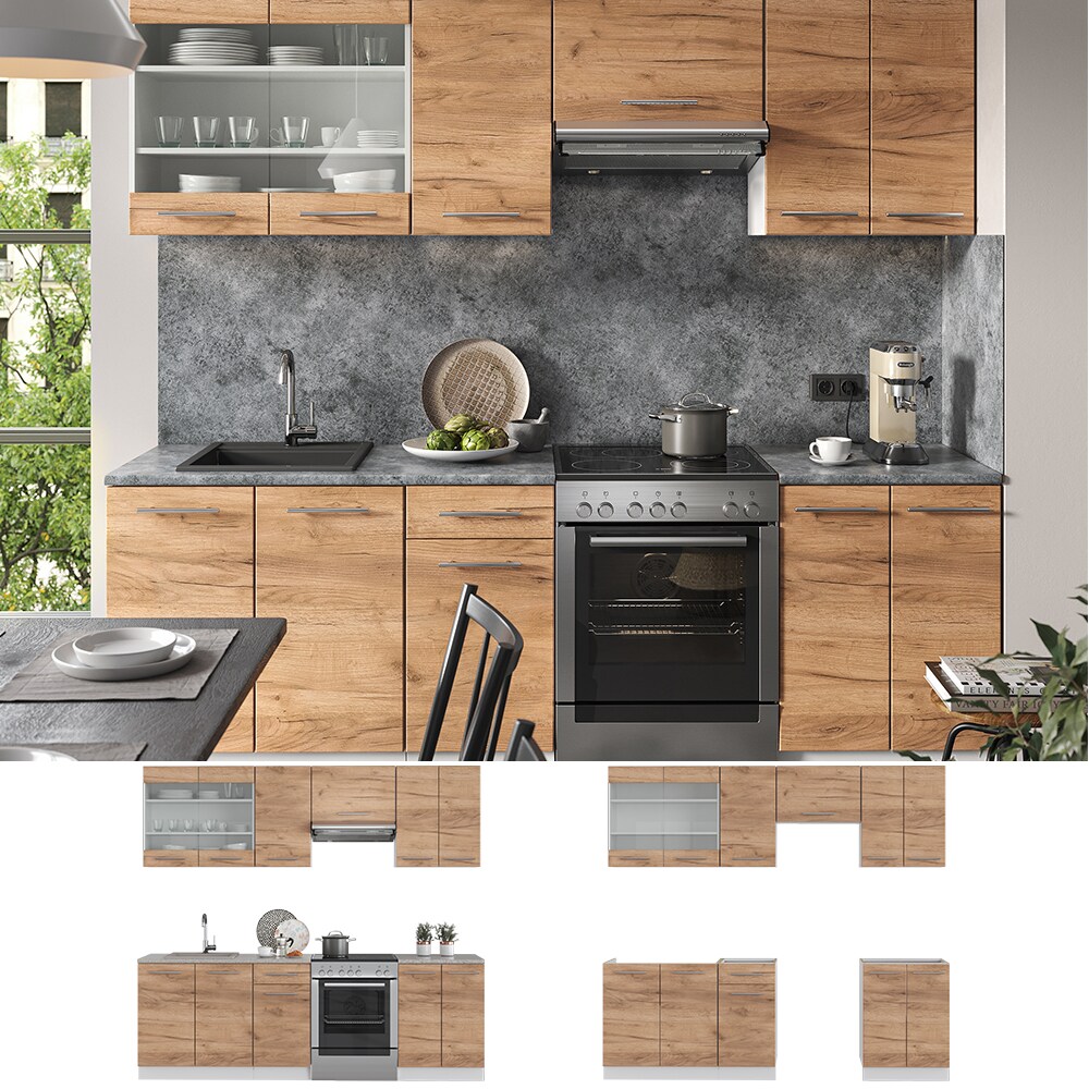 Vicco K&uuml;chenzeile K&uuml;chenblock Einbauk&uuml;che Fame-Line Wei&szlig; Eiche 240 cm modern K&uuml;chen Schr&auml;nke Sp&uuml;lenunterschrank Schubunterschrank H&auml;ngeschrank H&auml;ngeglasschrank 