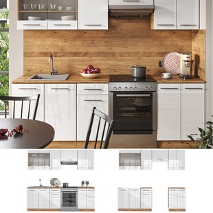 Vicco Küchenzeile Küchenblock Einbauküche Fame-Line Eiche Weiß 240 cm modern Küchen Schränke Spülenunterschrank Schubunterschrank Hängeschrank Hängeglasschrank Hochglanz 