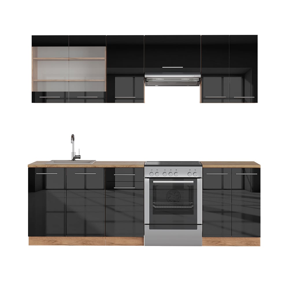 Vicco K&uuml;chenzeile K&uuml;chenblock Einbauk&uuml;che Fame-Line Eiche Anthrazit 240 cm modern K&uuml;chen Schr&auml;nke Sp&uuml;lenunterschrank Schubunterschrank H&auml;ngeschrank H&auml;ngeglasschrank Hochglanz 