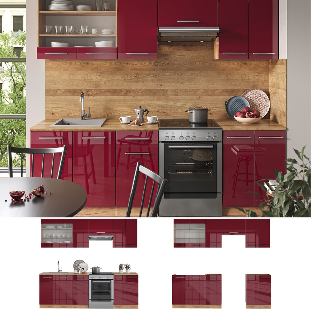 Vicco K&uuml;chenzeile K&uuml;chenblock Einbauk&uuml;che Fame-Line Eiche Rot Bordeaux 240 cm modern K&uuml;chen Schr&auml;nke Sp&uuml;lenunterschrank Schubunterschrank H&auml;ngeschrank H&auml;ngeglasschrank Hochglanz 