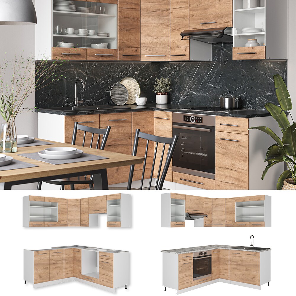 Vicco Eckk&uuml;che K&uuml;chenzeile Einbauk&uuml;che Fame-Line Wei&szlig; Eiche 190 cm modern K&uuml;chen Schr&auml;nke Schubunterschrank Sp&uuml;lenunterschrank Eckunterschrank Herdumbauschrank H&auml;ngeglasschrank H&auml;ngeschrank 