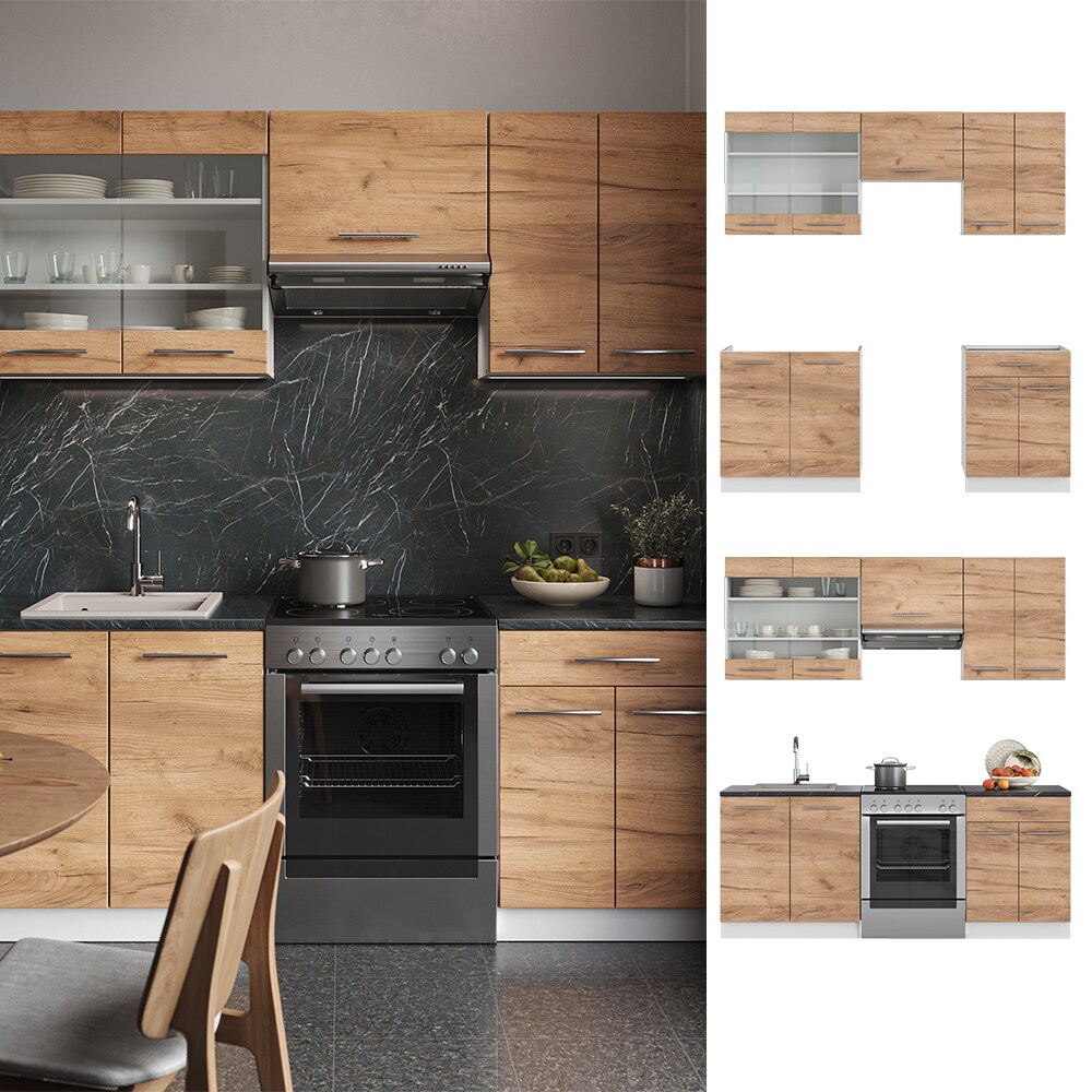 Vicco K&uuml;chenzeile K&uuml;chenblock Einbauk&uuml;che Fame-Line Wei&szlig; Eiche 200 cm modern K&uuml;chen Schr&auml;nke Schubunterschrank Sp&uuml;lenunterschrank H&auml;ngeschrank H&auml;ngeglasschrank 