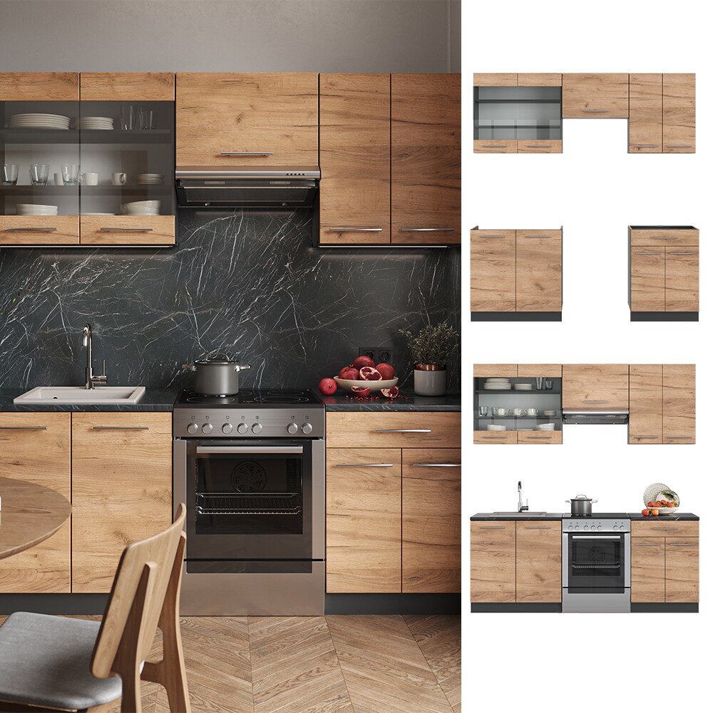 Vicco K&uuml;chenzeile K&uuml;chenblock Einbauk&uuml;che Fame-Line Anthrazit Eiche 200 cm modern K&uuml;chen Schr&auml;nke Schubunterschrank Sp&uuml;lenunterschrank H&auml;ngeschrank H&auml;ngeglasschrank 