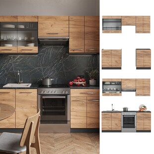 Vicco Küchenzeile Küchenblock Einbauküche Fame-Line Anthrazit Eiche 200 cm modern Küchen Schränke Schubunterschrank Spülenunterschrank Hängeschrank Hängeglasschrank 