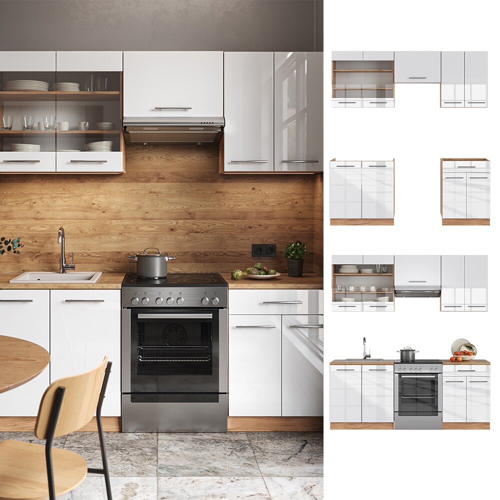 Vicco K&uuml;chenzeile K&uuml;chenblock Einbauk&uuml;che Fame-Line Eiche Wei&szlig; 200 cm modern K&uuml;chen Schr&auml;nke Schubunterschrank Sp&uuml;lenunterschrank H&auml;ngeschrank H&auml;ngeglasschrank Hochglanz 