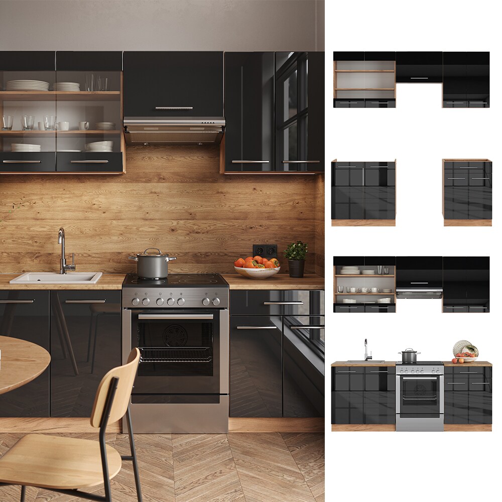 Vicco K&uuml;chenzeile K&uuml;chenblock Einbauk&uuml;che Fame-Line Eiche Anthrazit 200 cm modern K&uuml;chen Schr&auml;nke Schubunterschrank Sp&uuml;lenunterschrank H&auml;ngeschrank H&auml;ngeglasschrank Hochglanz 