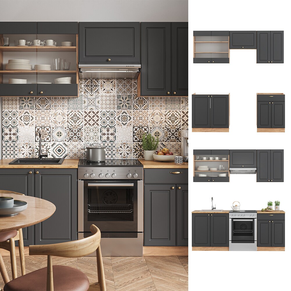 Vicco K&uuml;chenzeile K&uuml;chenblock Einbauk&uuml;che Fame-Line Landhaus Eiche Anthrazit Gold 200 cm K&uuml;chen Schr&auml;nke Schubunterschrank Sp&uuml;lenunterschrank H&auml;ngeschrank H&auml;ngeglasschrank 