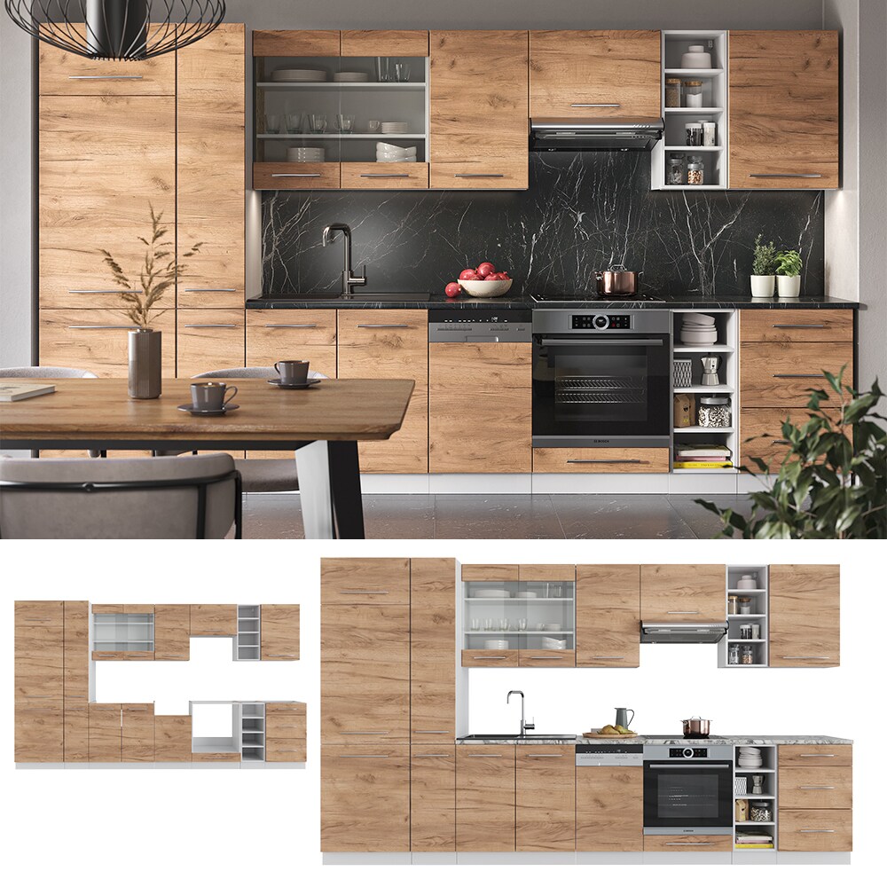 Vicco K&uuml;chenzeile K&uuml;chenblock Einbauk&uuml;che Fame-Line Wei&szlig; Eiche 355 cm modern Sp&uuml;lenunterschrank Herdumbauschrank Schubunterschrank H&auml;ngeschrank K&uuml;hlumbauschrank Apothekerhochschrank Unterschrank 