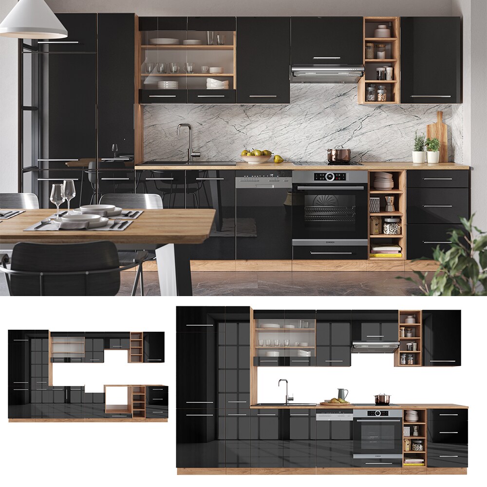 Vicco K&uuml;chenzeile K&uuml;chenblock Einbauk&uuml;che Fame-Line Eiche Anthrazit 355 cm modern Sp&uuml;lenunterschrank Herdumbauschrank Schubunterschrank H&auml;ngeschrank K&uuml;hlumbauschrank Apothekerhochschrank Unterschrank 