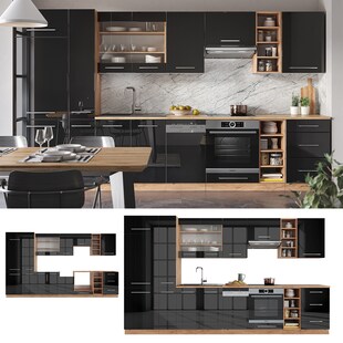 Vicco Küchenzeile Küchenblock Einbauküche Fame-Line Eiche Anthrazit 355 cm modern Spülenunterschrank Herdumbauschrank Schubunterschrank Hängeschrank Kühlumbauschrank Apothekerhochschrank Unterschrank 