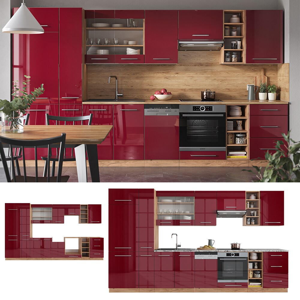 Vicco K&uuml;chenzeile K&uuml;chenblock Einbauk&uuml;che Fame-Line Eiche Bordeaux Rot 355 cm modern Sp&uuml;lenunterschrank Herdumbauschrank Schubunterschrank H&auml;ngeschrank K&uuml;hlumbauschrank Apothekerhochschrank Unterschrank 