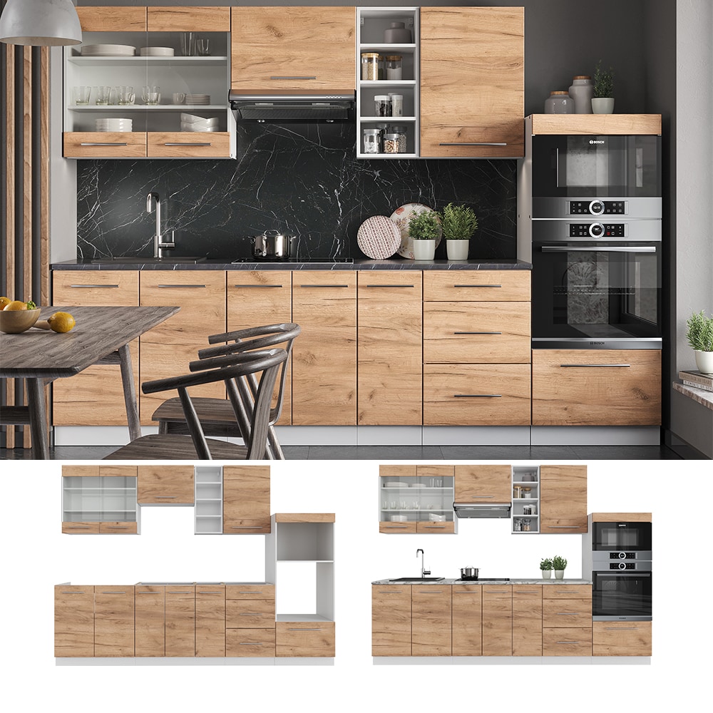 Cuisine Fame-Line, Chêne doré/blanc, 280 cm sans plan de travail, Vicco